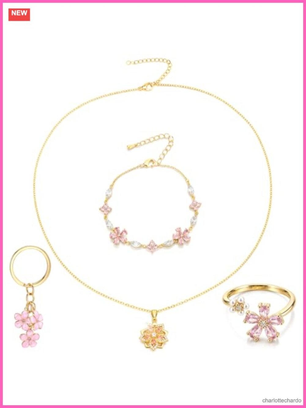Gold Flower Fidget Necklace Ring Bracelet Set Copper Adjustable